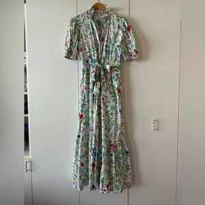 Floral White Maxi Dress with Green Leaf Print